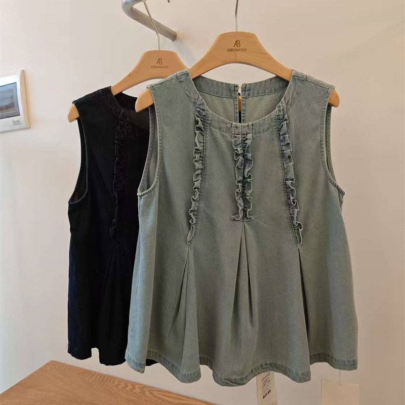 韓系木耳邊圓領無袖牛仔背心(2色)