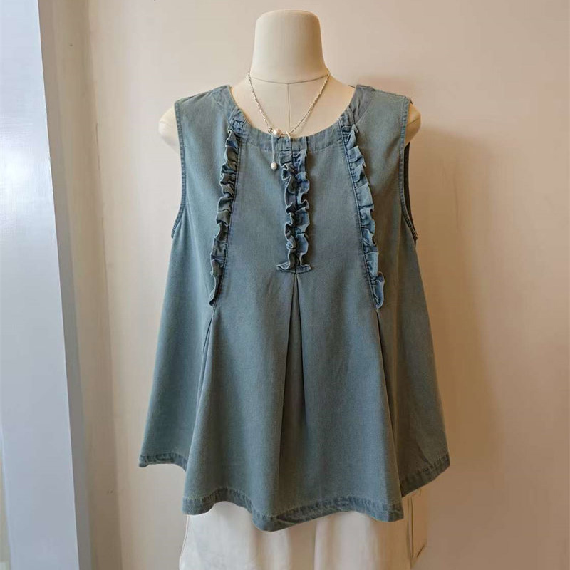 韓系木耳邊圓領無袖牛仔背心(2色)