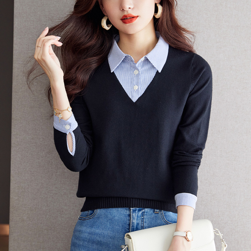 POLO領假兩件拼接格紋長袖針織衫