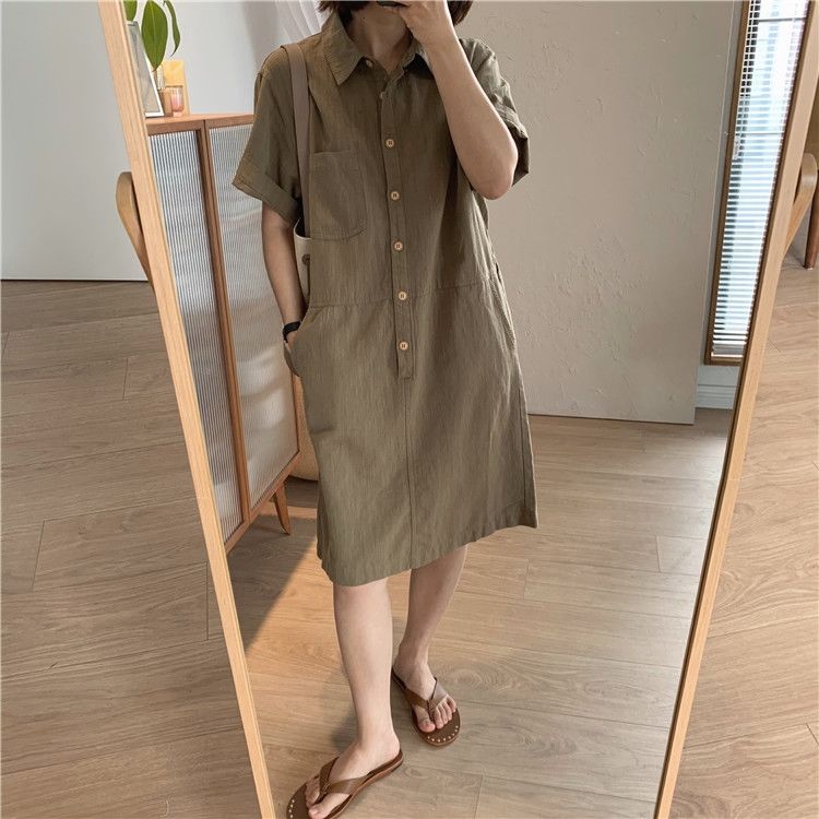 直筒Polo領短袖襯衫式連身裙(2色)