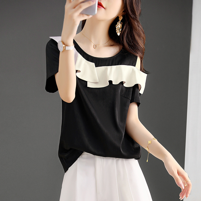 時尚圓領露肩荷葉邊設計短袖T恤