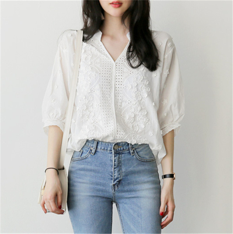韓系立體小花鏤空設計甜美襯衫