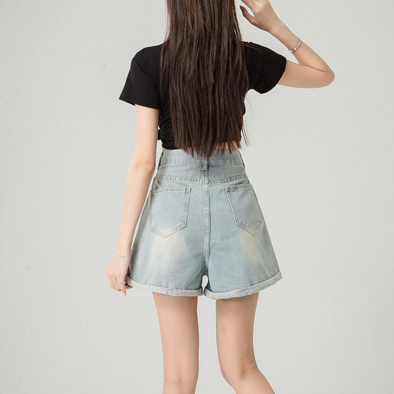 高腰口袋顯瘦寬腿A字牛仔短褲