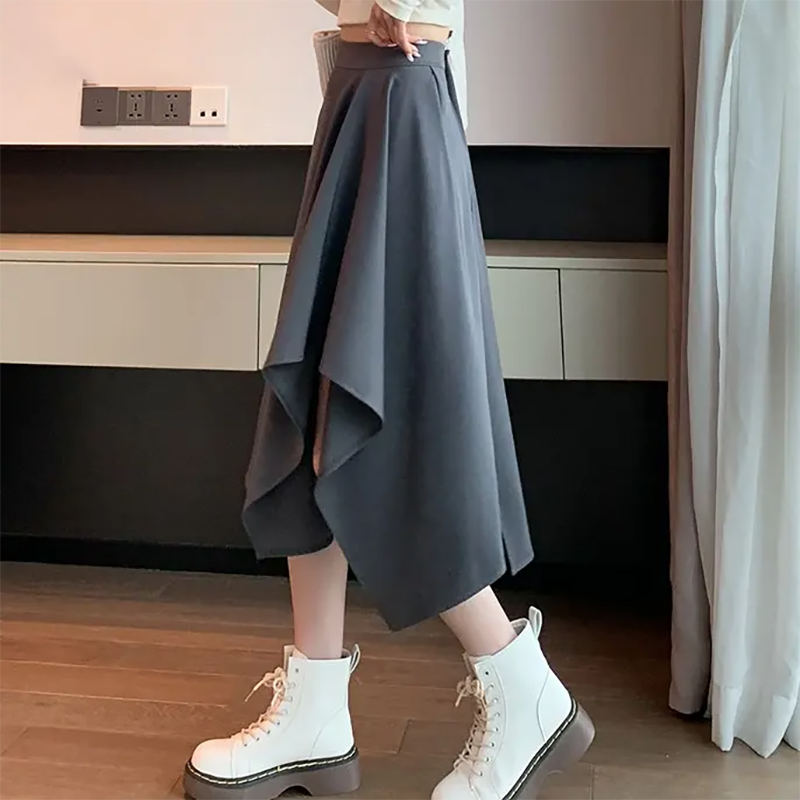 復古風高腰不規則中長款氣質半身裙(3色)