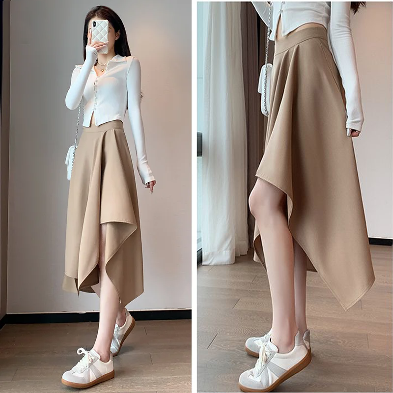 復古風高腰不規則中長款氣質半身裙(3色)