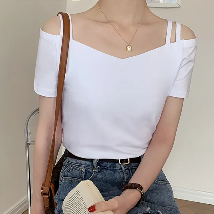 修身顯瘦露肩帶吊帶一字肩短袖T恤（2色）