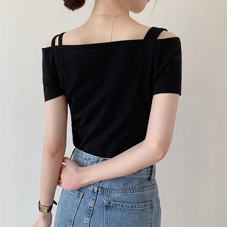 修身顯瘦露肩帶吊帶一字肩短袖T恤（2色）