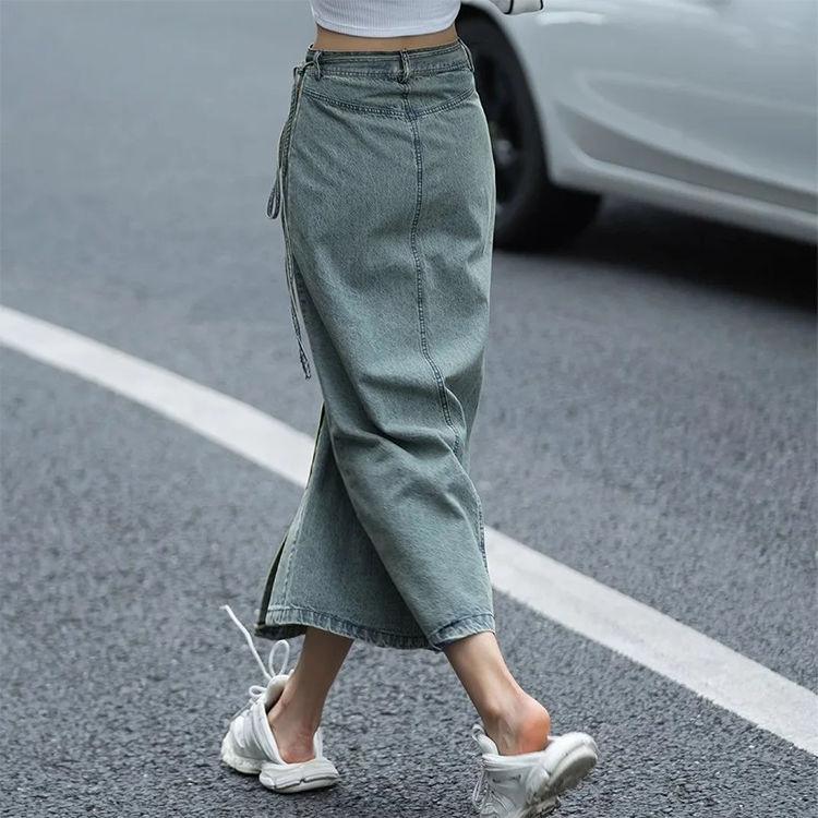 復古水洗牛仔高腰開叉設計半身裙