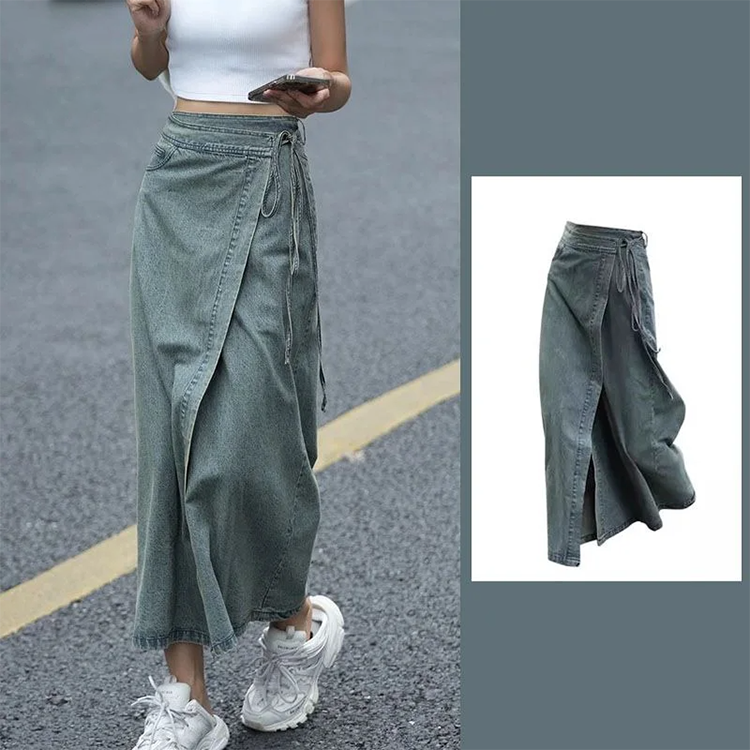 復古水洗牛仔高腰開叉設計半身裙