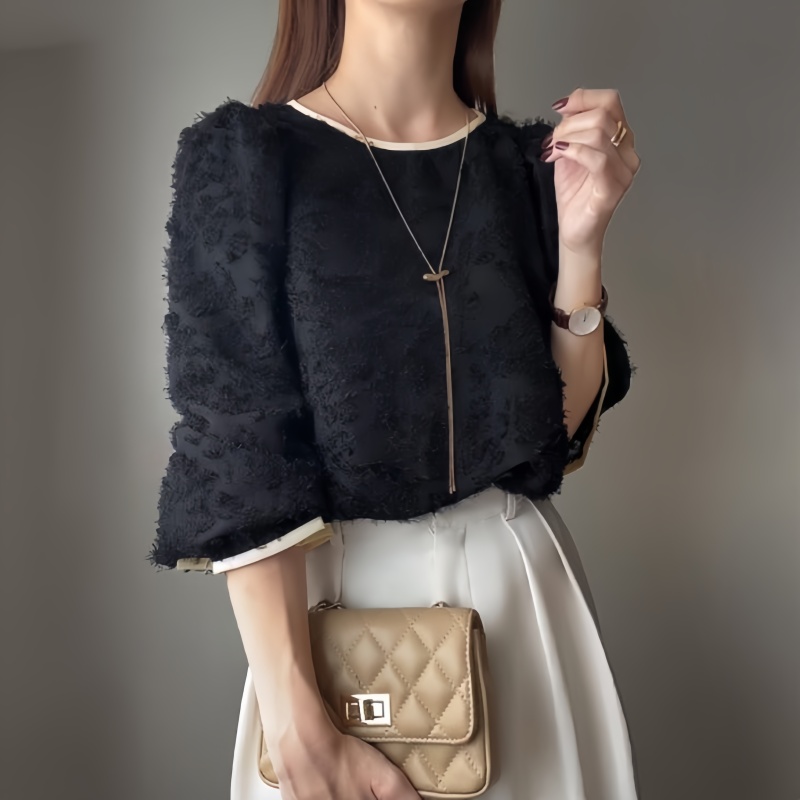 日系小菊花鉤花喇叭袖雪紡衫(3色)