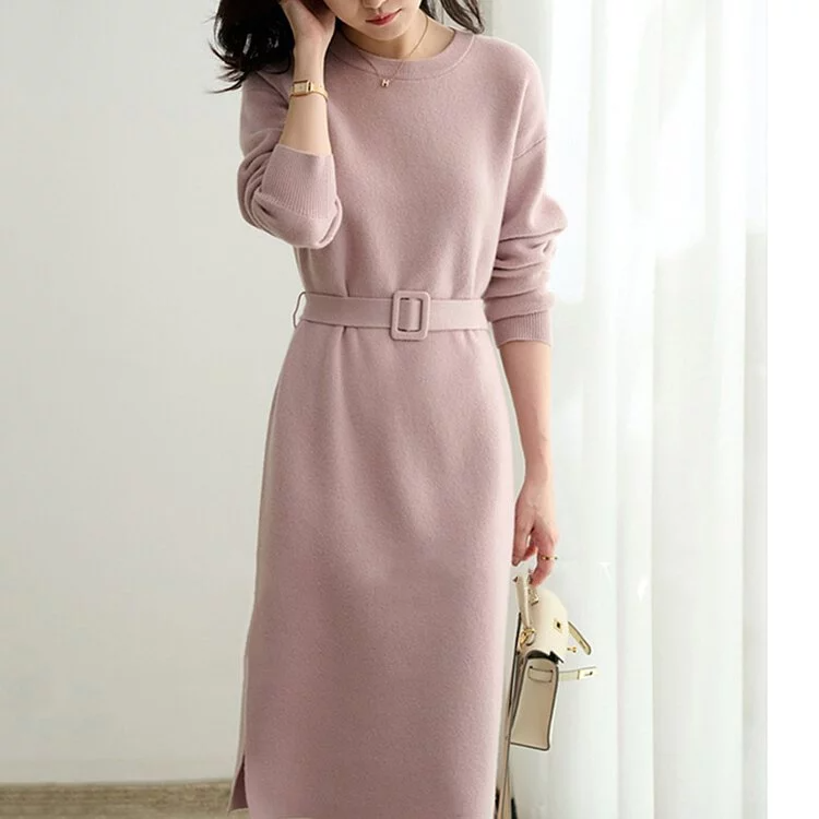 法式優雅繫帶收腰針織打底連身裙(2色)