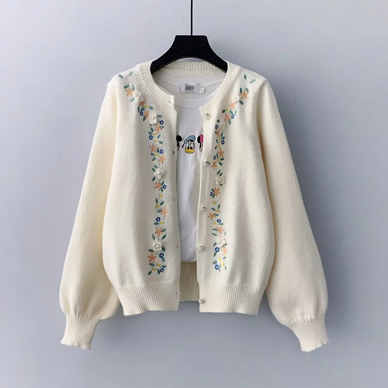 溫柔風森系手工刺繡花朵針織開衫(3色)