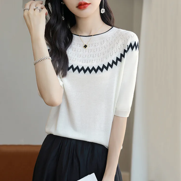 薄款撞色鏤空針織中袖T恤(2色)