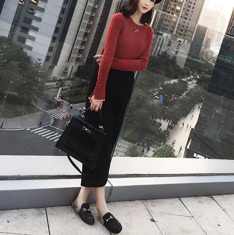 高腰寬鬆顯瘦毛呢闊腿九分褲(4色)