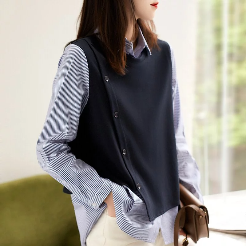 單排扣馬甲條紋襯衫拼接假兩件長袖上衣