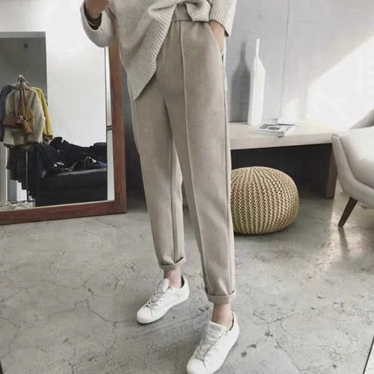 簡約素色高腰直筒及踝休閒哈倫褲(3色)