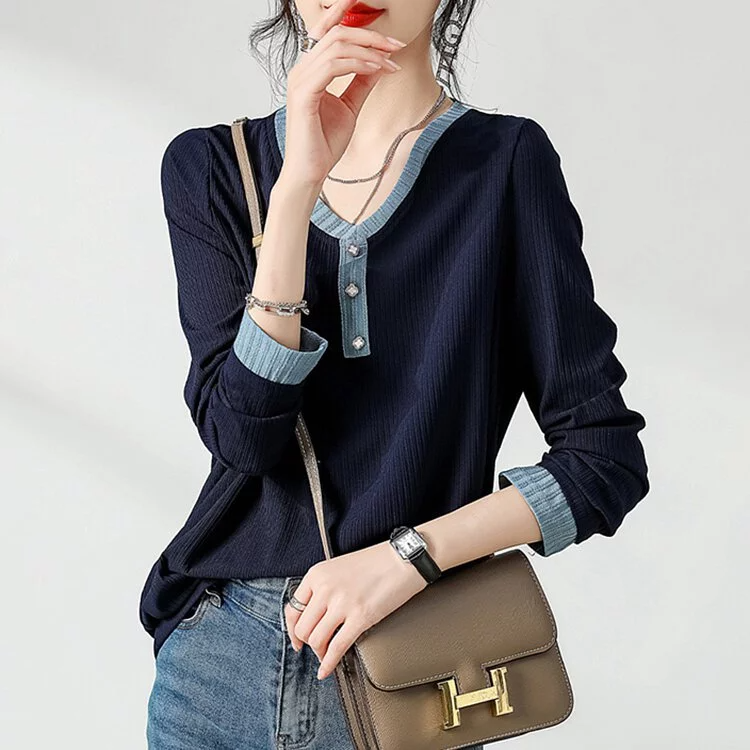 時尚撞色V領顯瘦百搭打底衫