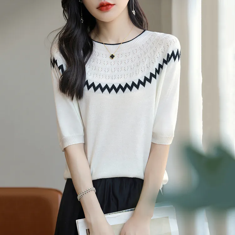 薄款撞色鏤空針織中袖T恤(2色)