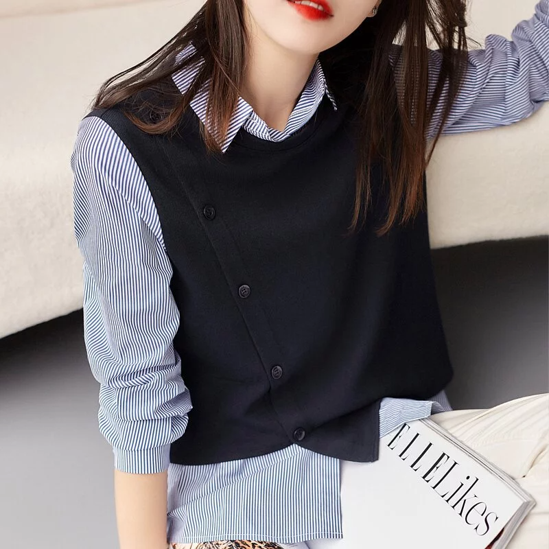 單排扣馬甲條紋襯衫拼接假兩件長袖上衣