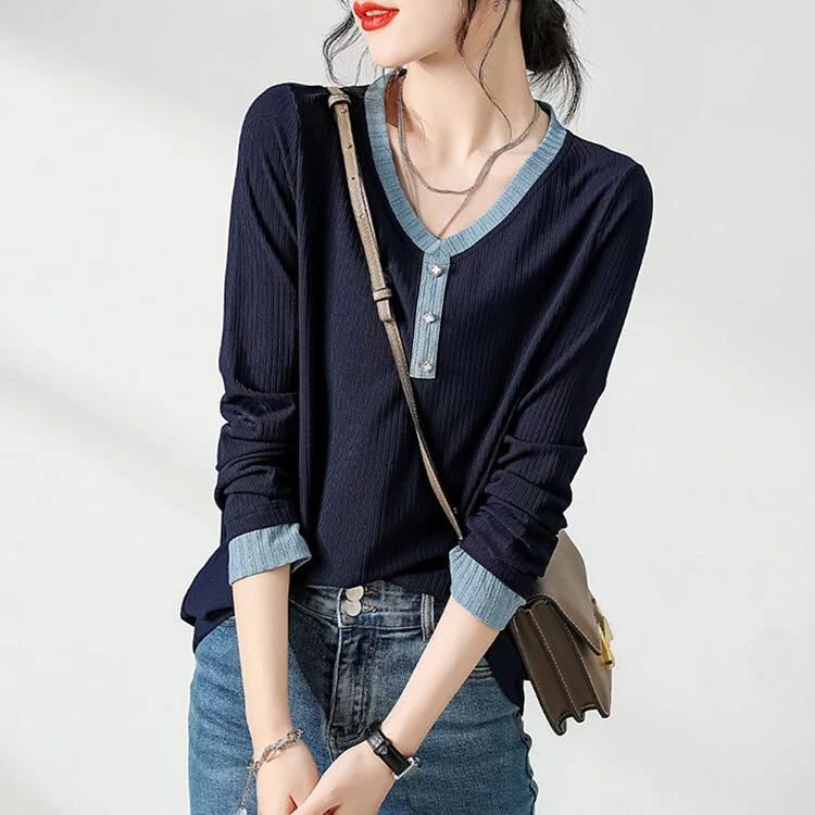 時尚撞色V領顯瘦百搭打底衫