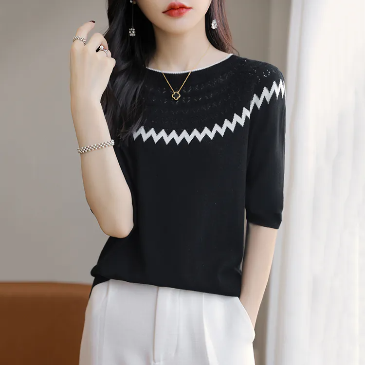 薄款撞色鏤空針織中袖T恤(2色)