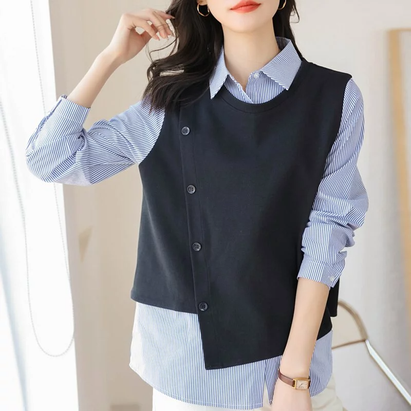 單排扣馬甲條紋襯衫拼接假兩件長袖上衣