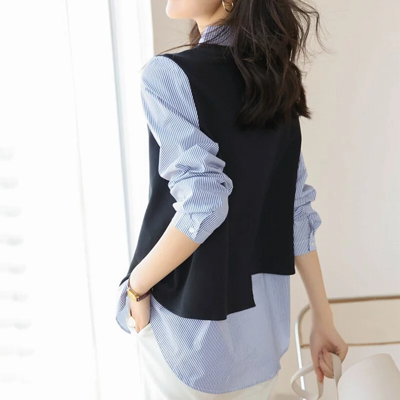 單排扣馬甲條紋襯衫拼接假兩件長袖上衣