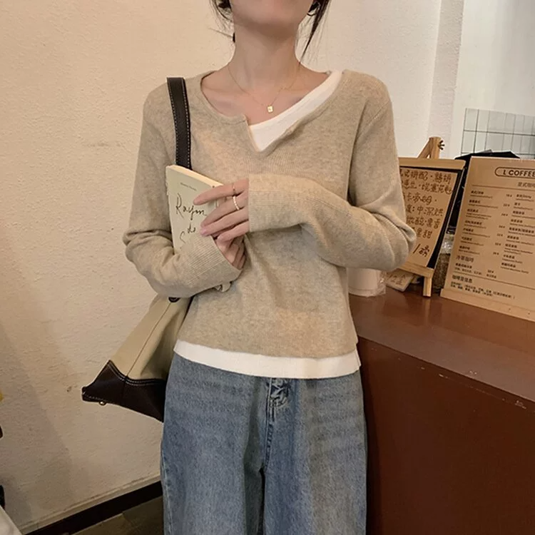 韓版撞色假兩件設計針織打底衫(3色)