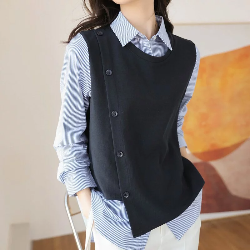 單排扣馬甲條紋襯衫拼接假兩件長袖上衣