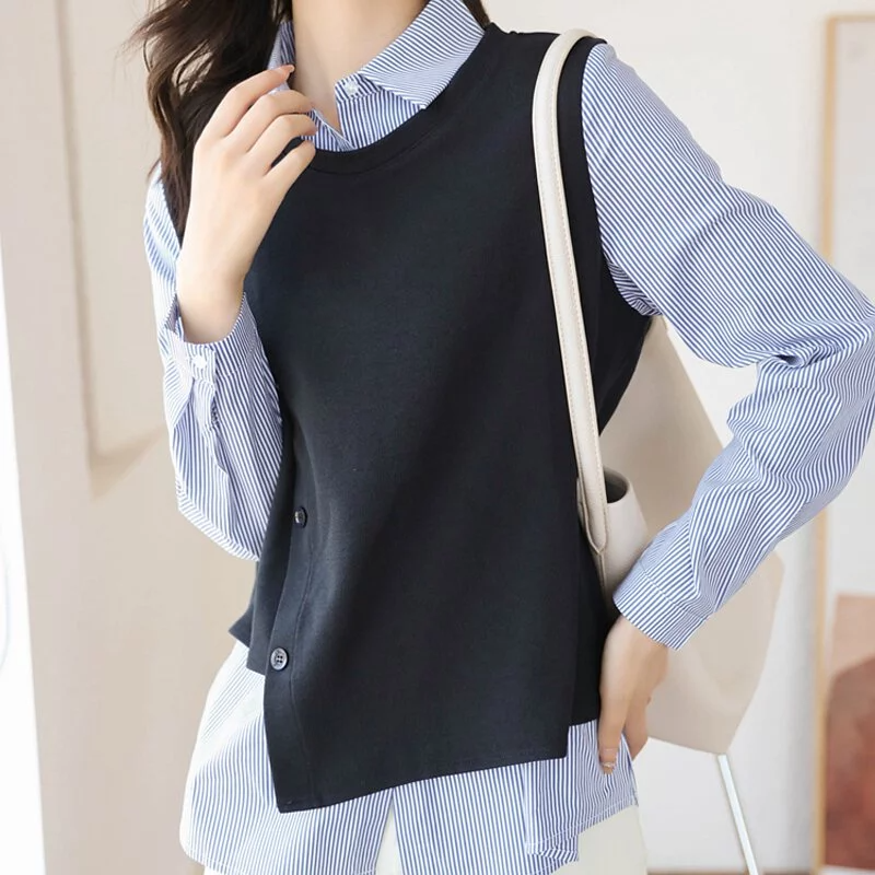 單排扣馬甲條紋襯衫拼接假兩件長袖上衣