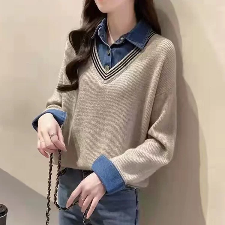 拼接牛仔布襯衫領假兩件毛衣(3色)