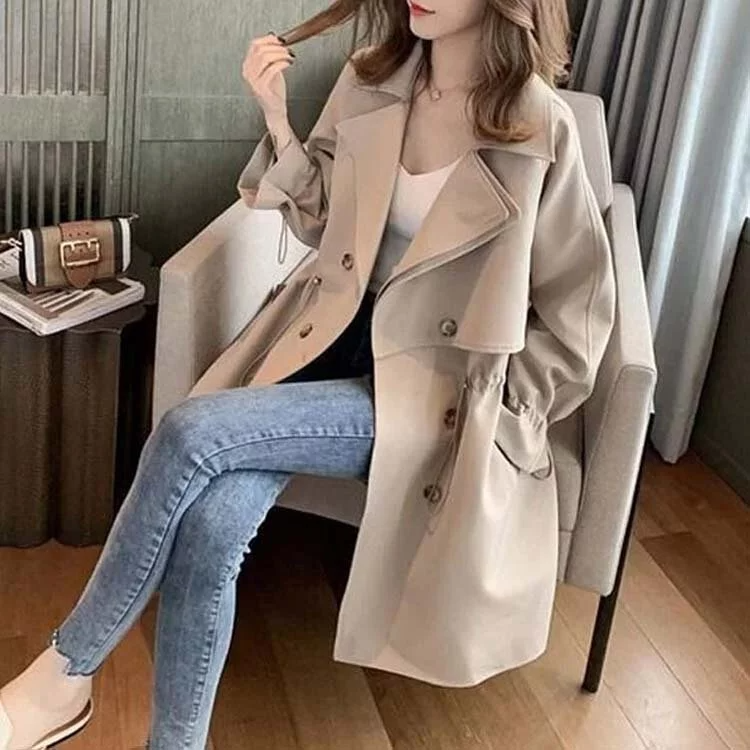 春秋百搭寬鬆西裝領雙排扣中長款薄款風衣(7色)