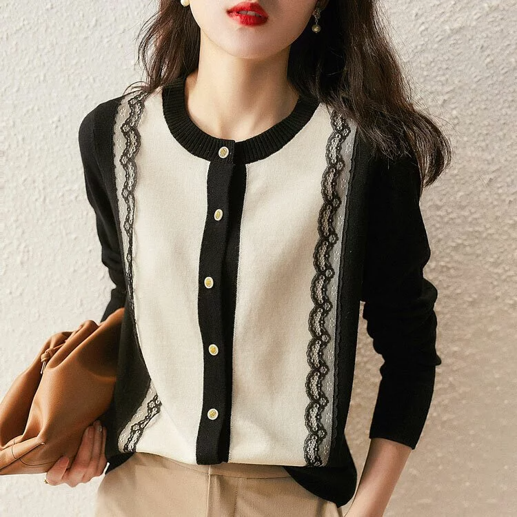 優雅蕾絲拼接金扣點綴圓領針織開襟衫