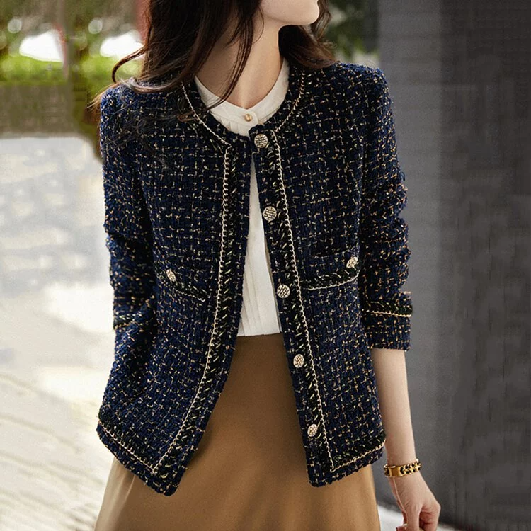 高級感小香風鍊式織帶粗花呢外套