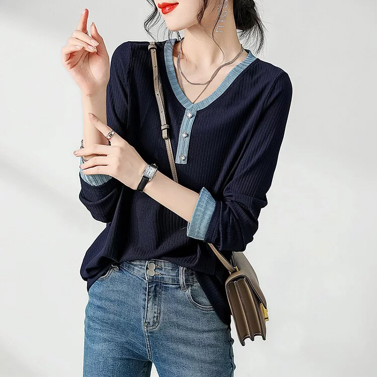 時尚撞色V領顯瘦百搭打底衫