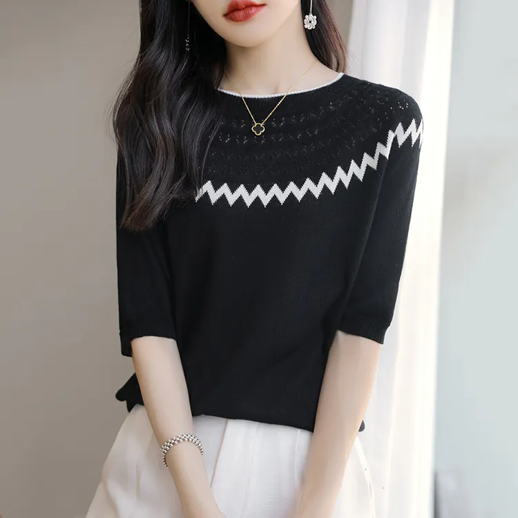 薄款撞色鏤空針織中袖T恤(2色)