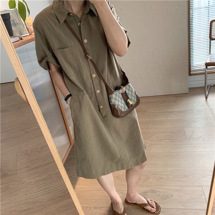 直筒Polo領短袖襯衫式連身裙(2色)