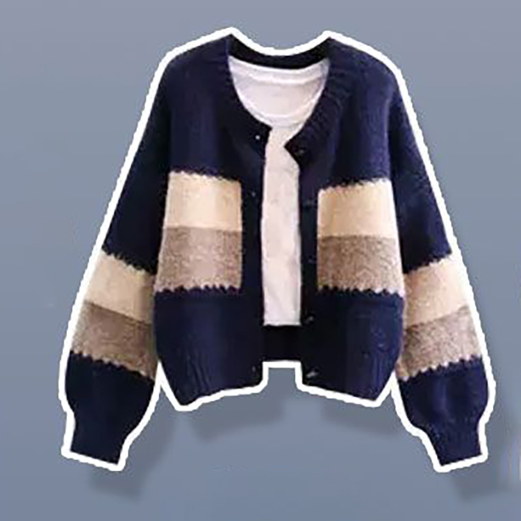 洋氣針織開襟衫+白色長袖T卹+顯瘦休閒寬褲三件套(4色)