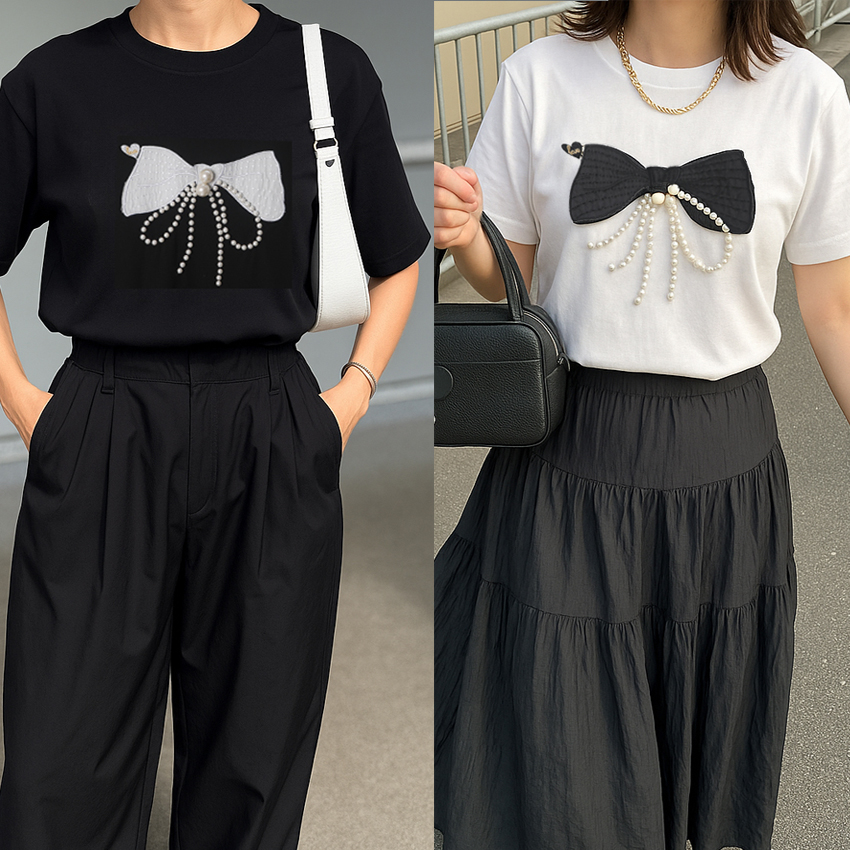 日系蝴蝶結珠鏈裝飾棉T恤(2色)