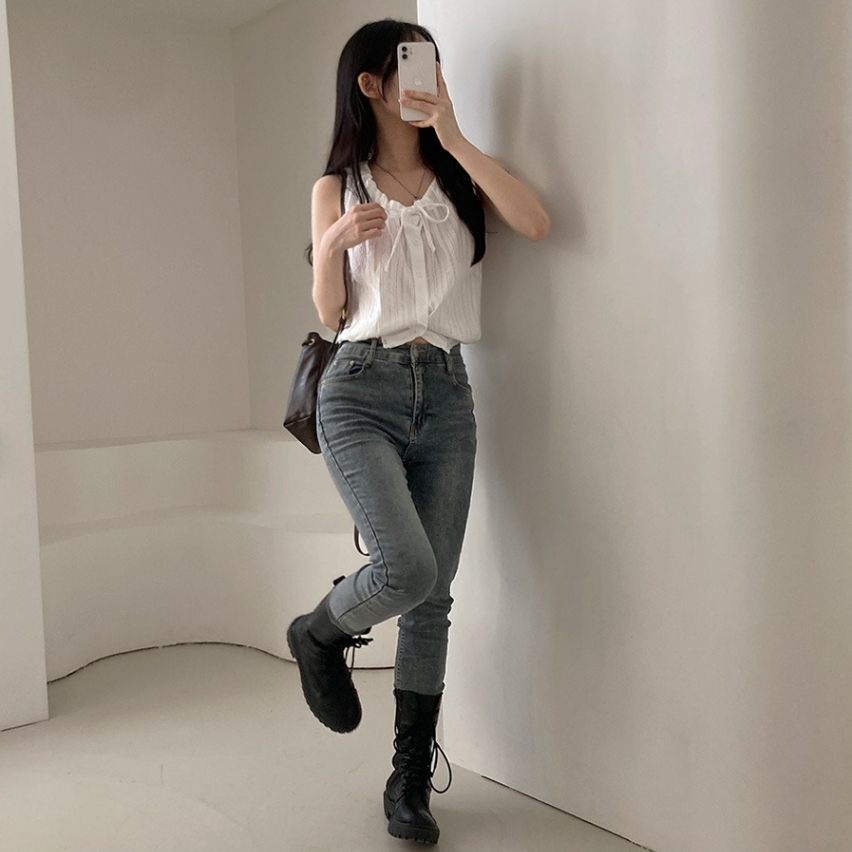 別緻設計感小眾繫帶顯瘦無袖襯衫(2色)