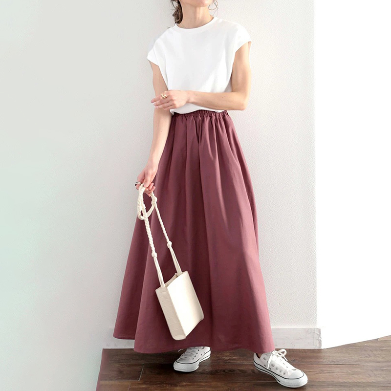 日系休閒喇叭褶大擺傘型半身裙(6色)