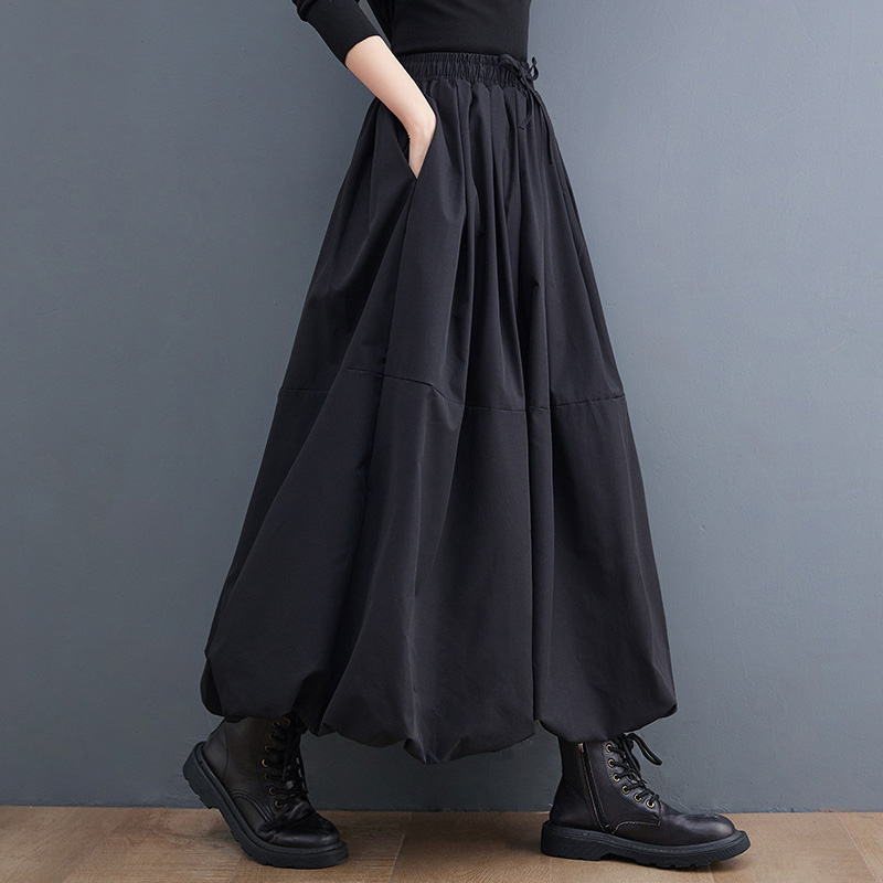 高腰百搭顯瘦棉麻鬆緊腰系帶燈籠蓬蓬半身裙
