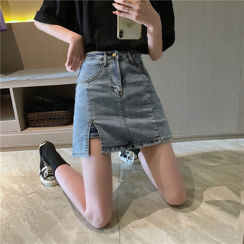 高腰開叉彈性A字牛仔裙(2色)