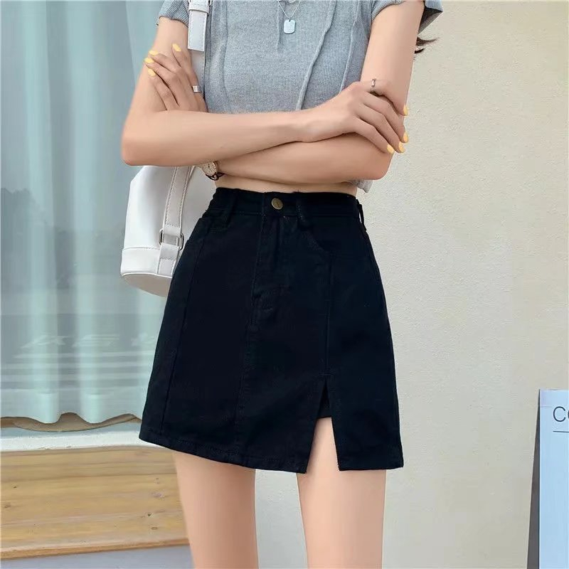 高腰開叉彈性A字牛仔裙(2色)