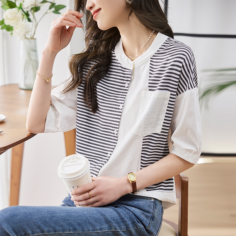 簡約休閒拼接條紋五分袖襯衫