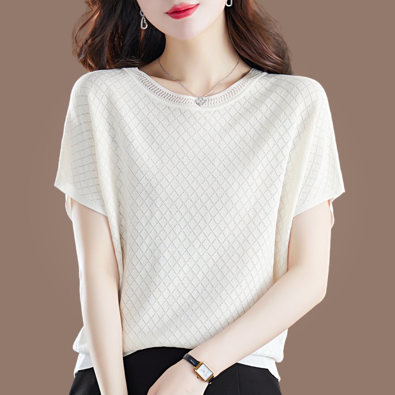 針織鏤空薄款蝙蝠短袖T恤(5色)