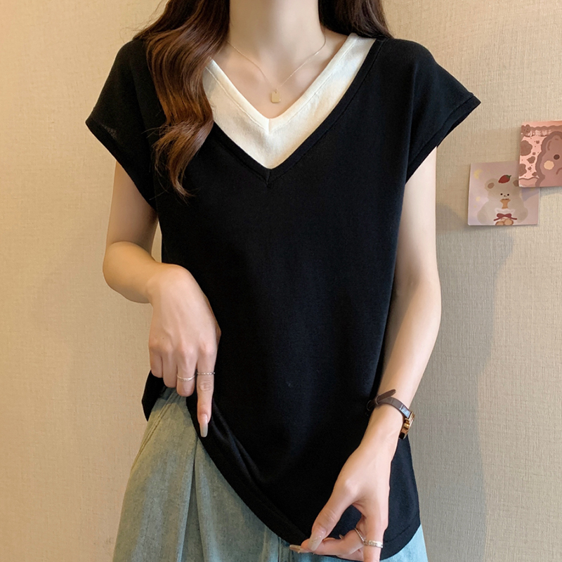 時尚假兩件V領針織短袖T恤(2色)