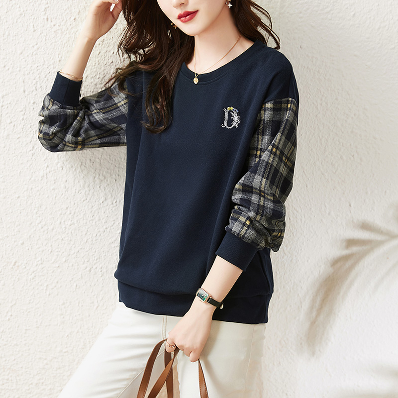 刺繡釘鑽格紋拼接衛衣