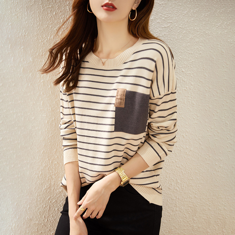韓系氣質寬鬆百搭低圓領條紋針織衫(4色)