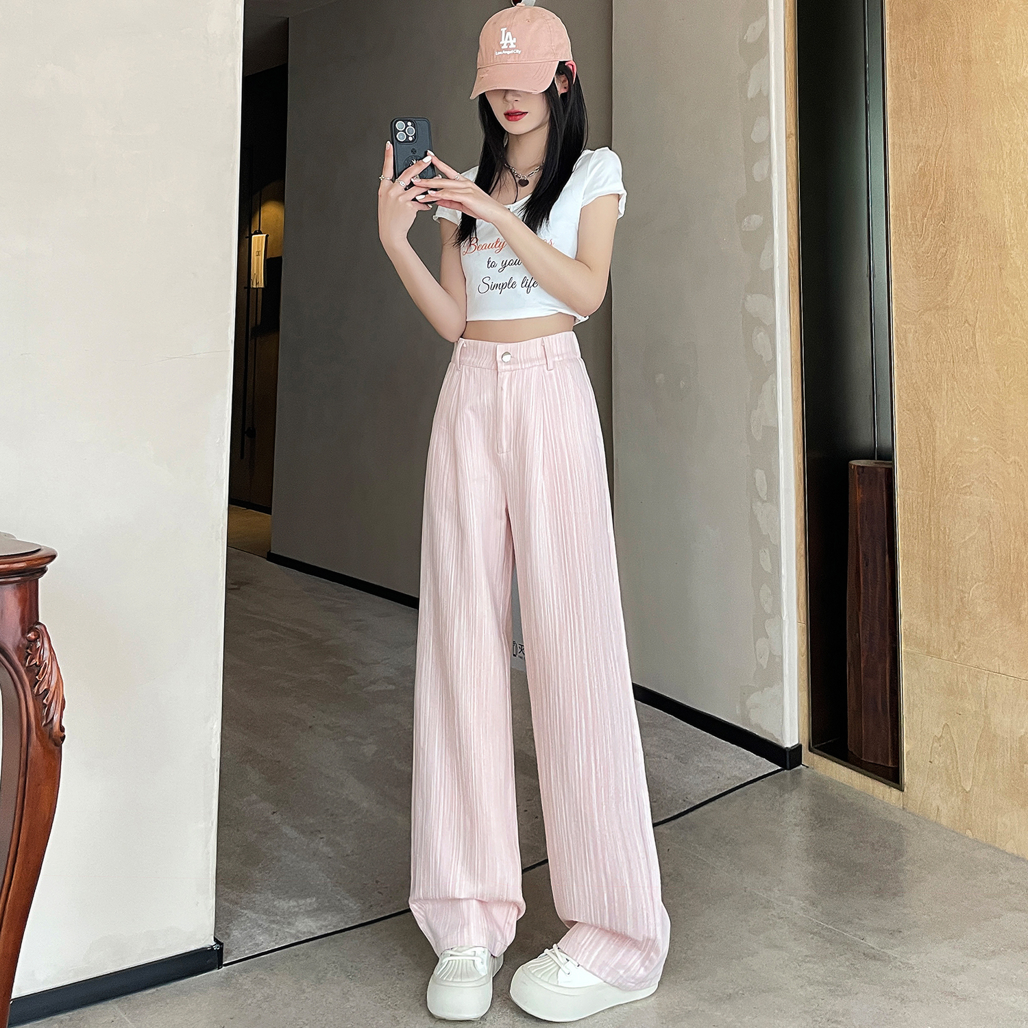 高腰條紋肌理感直筒休閒褲(3色)